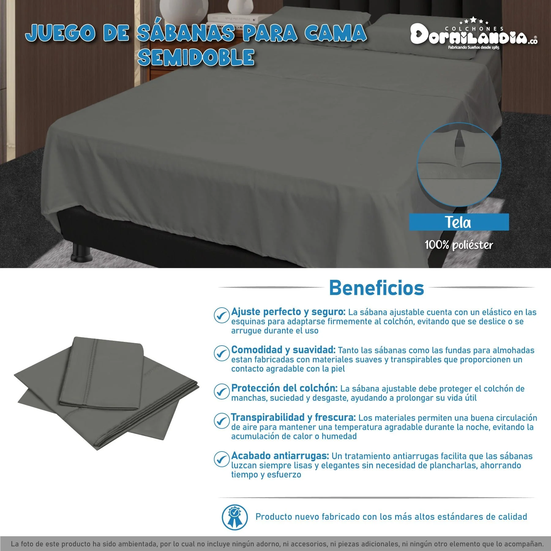 Juego de Sabanas Gris para Cama Semidoble 120 X 190 Cm Hipoelergénicas y Antiácaros - Imagen 4