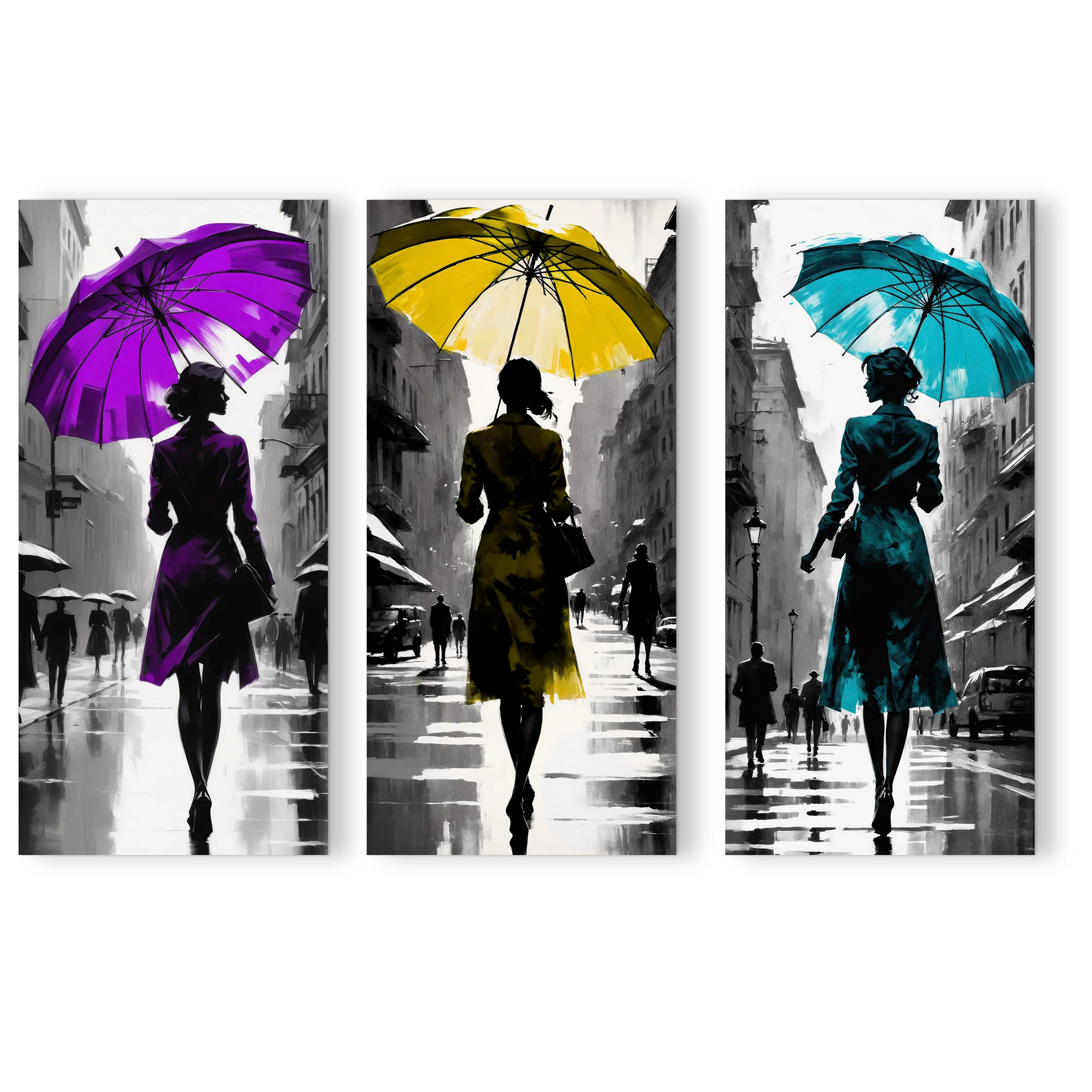 Set 3 Cuadros Decorativos Paseo Bajo la Lluvia 34x72cm - Imagen 2