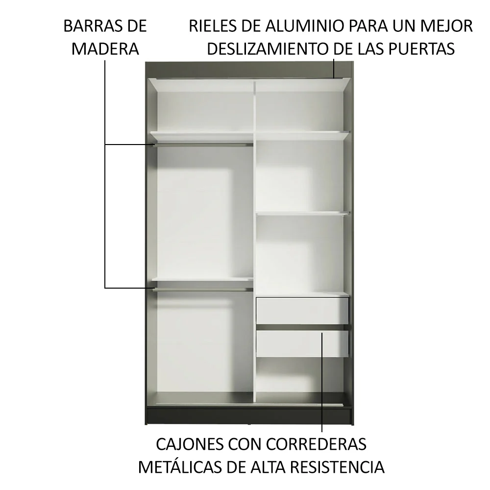 Closet Tokio Negro y Marron 109x218cm con Espejo con Dos Cajones Cinco Entrepaños y Siete Compartimientos - Imagen 5