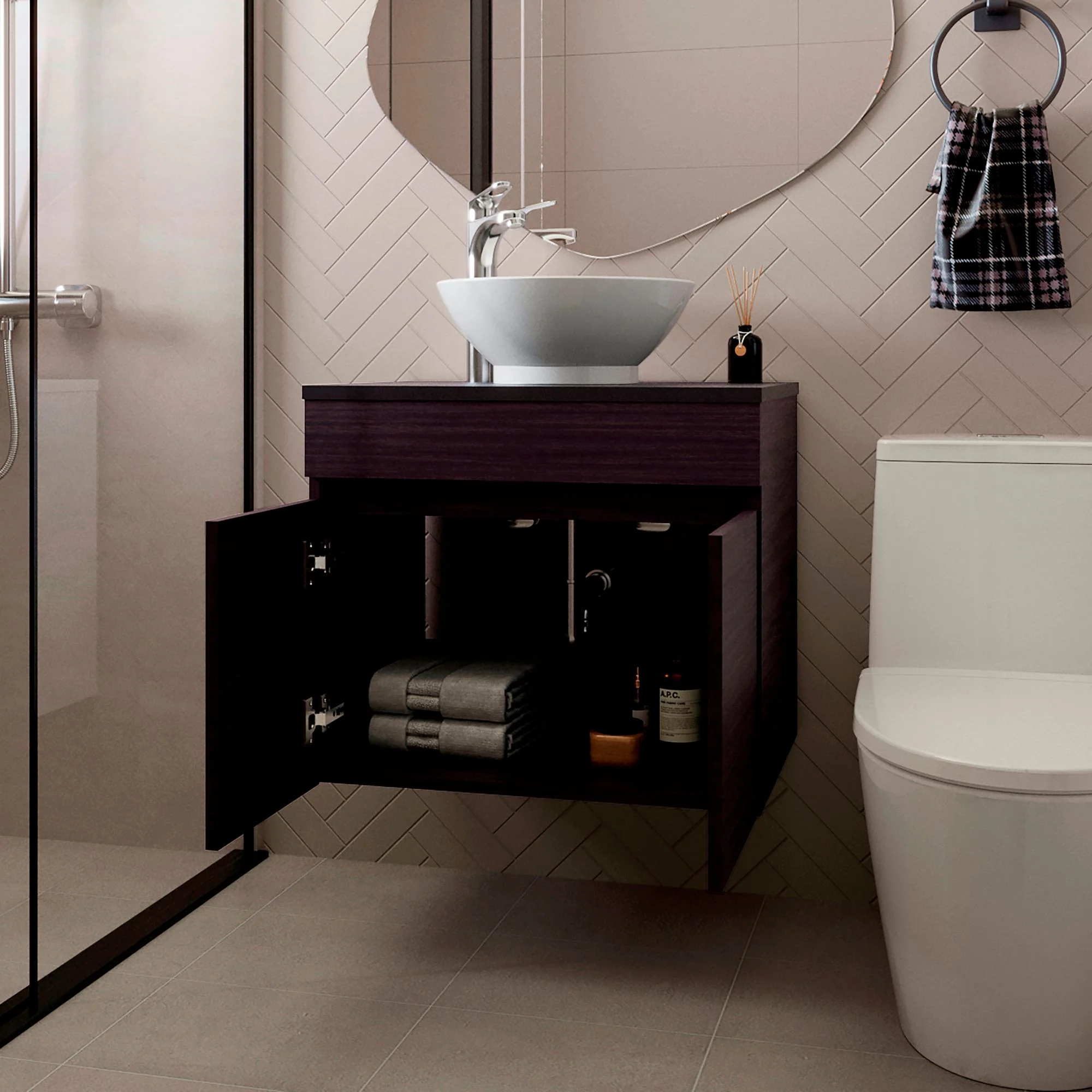 Mueble para Lavamanos Manchester Wengue 59.5x51.8cm Individual Flotante con Lavamanos Vessel y sin Cajones - Imagen 2