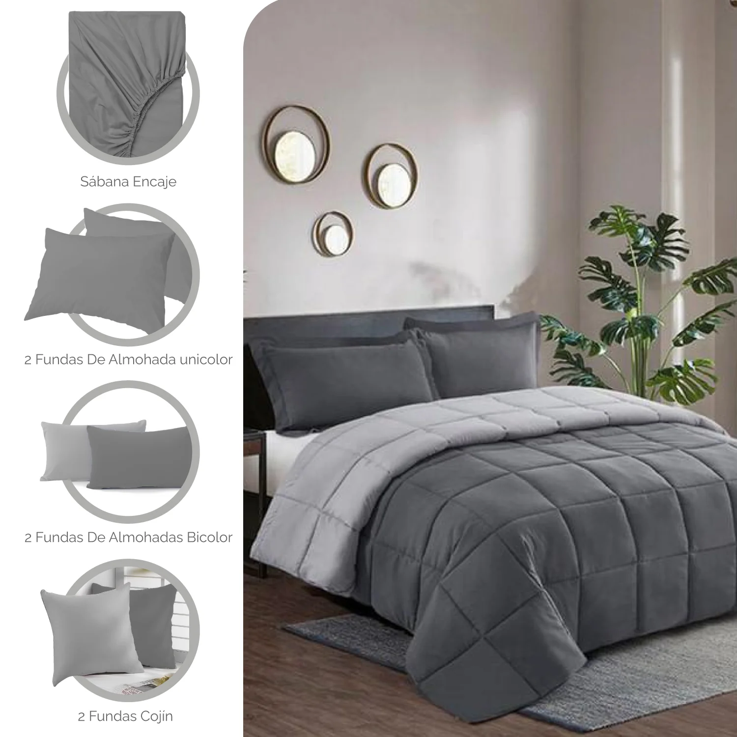 Combo Edredón Acolchado Bicolor Gris Oscuro y Gris Claro 200x240cm Doble Faz para Cama Semidoble