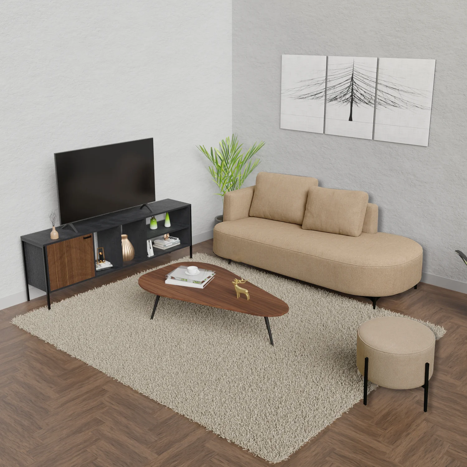 Sala Dubai Top Beige y Amaretto 160x70cm De Tres Puestos Antifluido con Mesa de Tv Puff y Mesa de Centro - Imagen 2