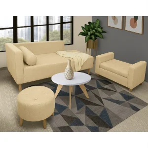 Sala Beige y Blanco 160x70cm De Tres Puestos Antifluido con Puff Banqueta Baúl y Mesa de Centro
