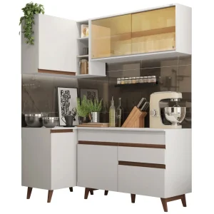 Cocina Integral Esquinero Modular Reims Blanco 262x210cm con Mesón de Madera Aglomerada Mdp sin Estufa con Un Cajón y con Trece Entrepaños